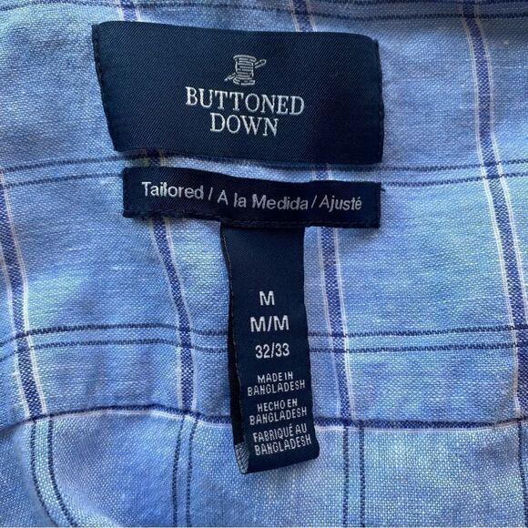 Buttoned Down Linen Cotton Plaid Casual Shirt Men Blue Medium Long Sleeve - Picture 5 of 6